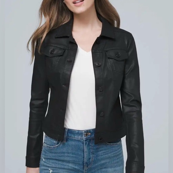 White House Black Market Black Faux Leather Button Front Jacket Size 14 - Picture 1 of 13